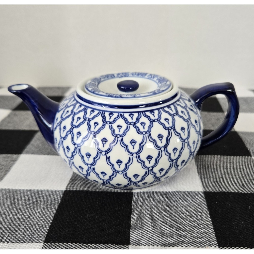 Small Thai Inspired Porcelain Teapot With Lid Blue White Lattice Pattern
